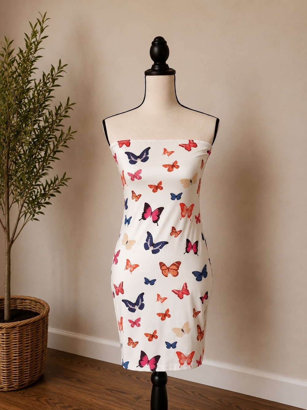 Strapless Butterfly Print Mini Dress - White